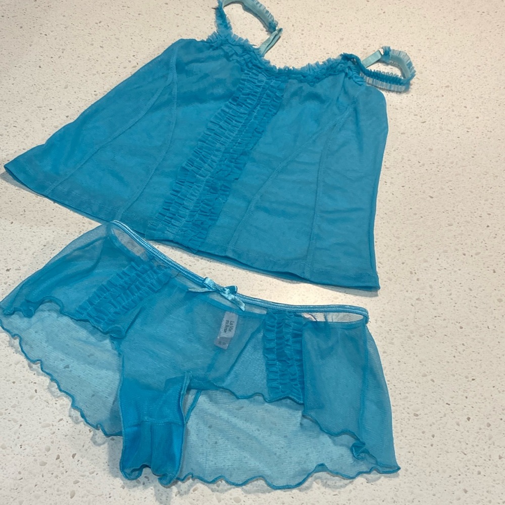 LA VIE EN ROSE turquoise teal aqua sheer mesh ruffle detail pajamas pj set panty
